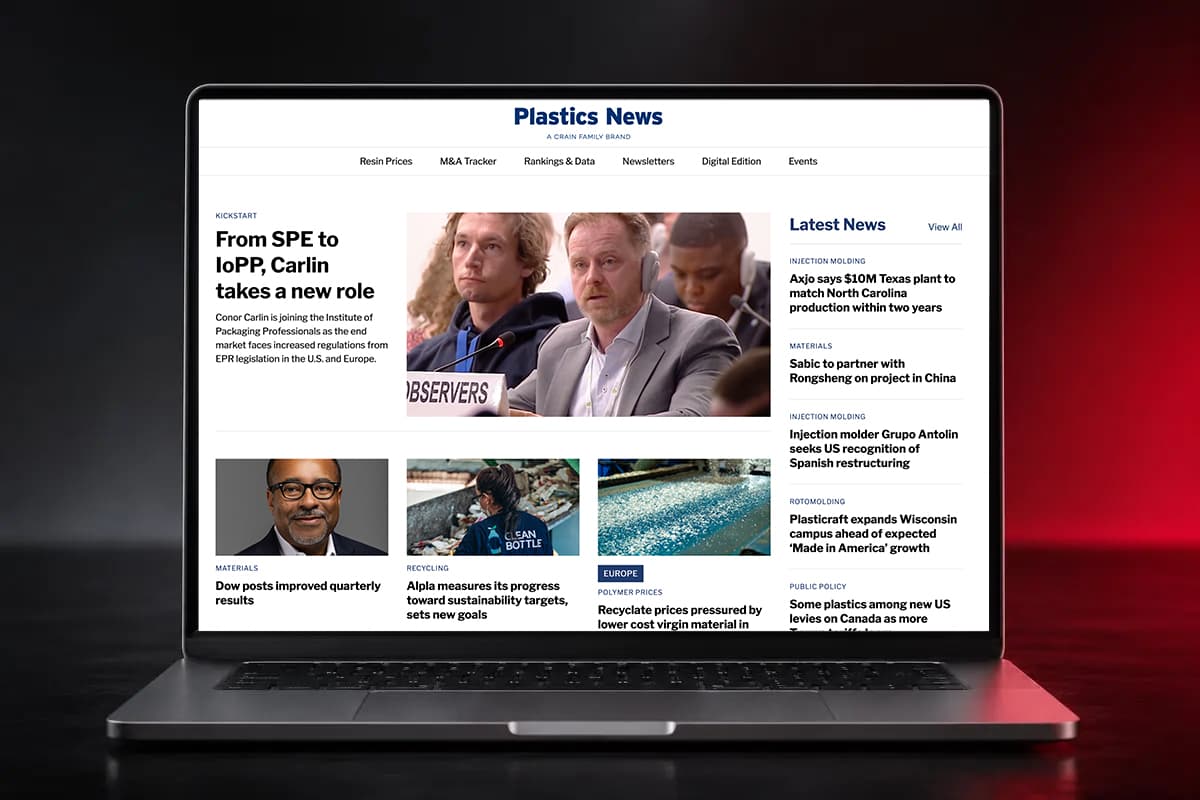 The Plastics News homepage on a laptop